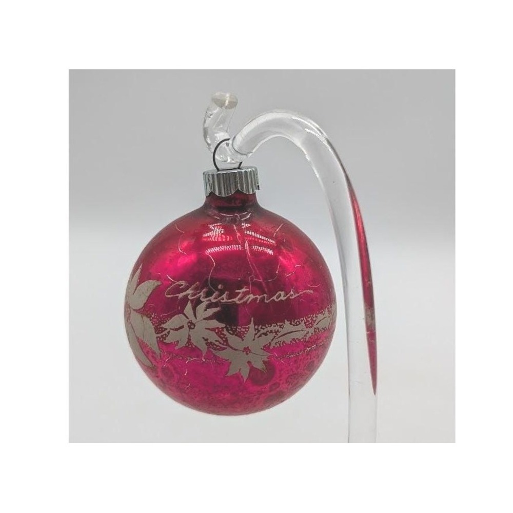 Vintage Red Shiny Brite Ornament Merry Christmas Poinsettia Stenciled 40s Tree